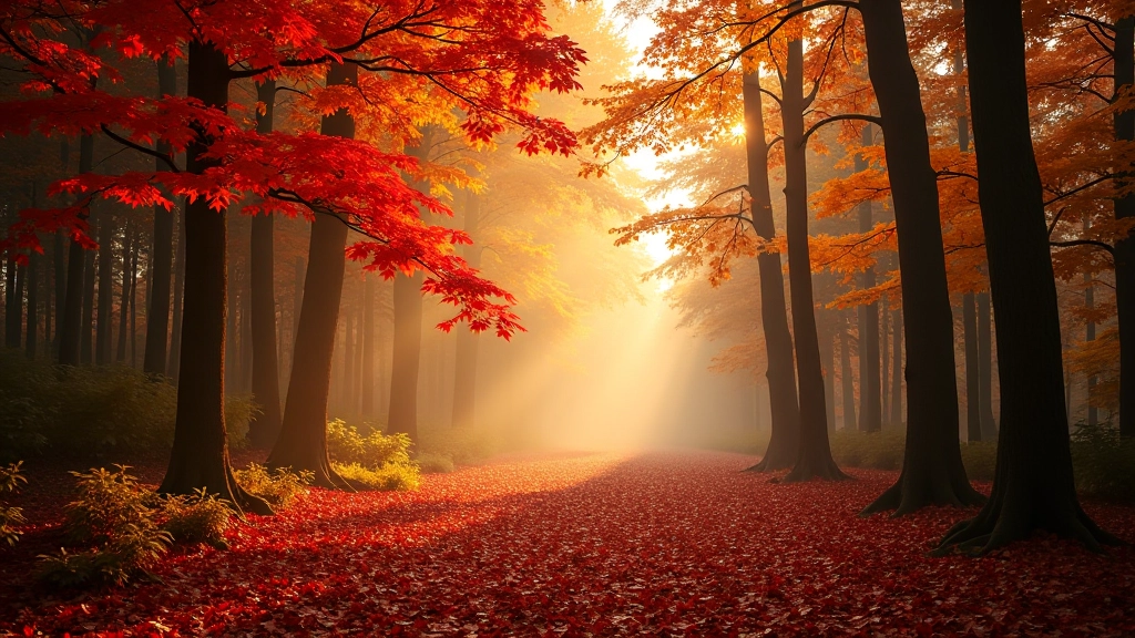 Sarkanas un oranžas rudens lapas uz koka, zolītes zeme, meža gaisma