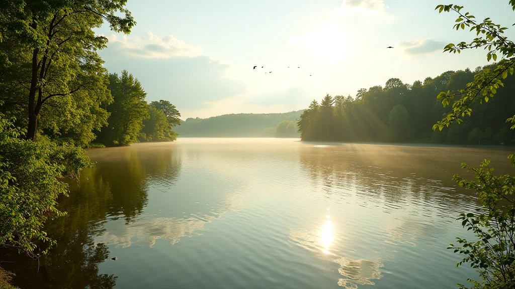 Skaista ainava ar lielu siacrea, zaļi koki apkārt, saulains laiks, putnu skraidīšana, miermīlīga vidējā vasaras atmosfēra