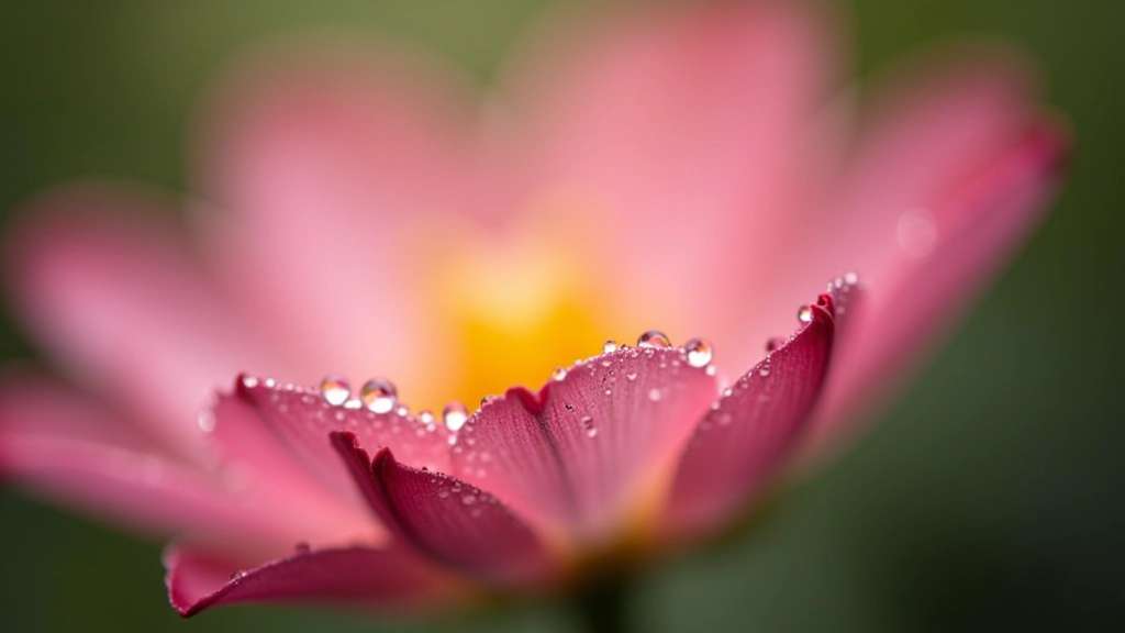 Makro fotogrāfija no rasas pilniem zieda ziedlapām, asā fokusā, maigs bokeh fons, makro lēca