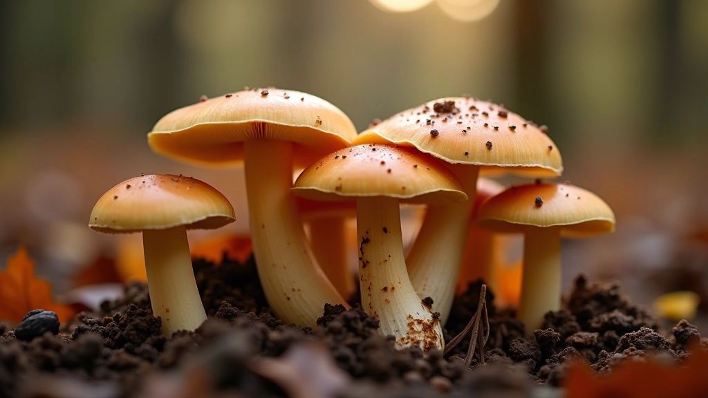 Sēņu sezonāla kolēkcija uz mežā, brūnie un oranži toni, dabiska apgaismojums